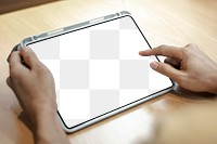 Transparent tablet screen mockup png on a wooden table