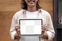 Transparent tablet screen mockup png in the hands of a casual shop owner