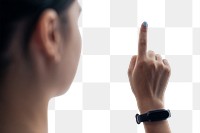 Transparent screen mockup png girl touching with her finger