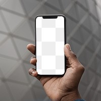 Transparent smartphone screen mockup png by a modern office building