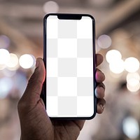Transparent smartphone screen mockup png with bokeh city lights
