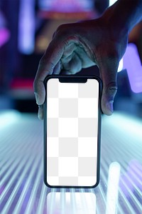 Transparent phone screen mockup png in futuristic glowing neon lights