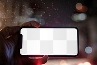 Transparent smartphone screen mockup png with bokeh city lights