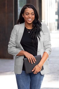 Women&rsquo;s png blazer apparel mockup with woman in business casual attire city shoot