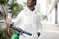 Png menswear hoodie mockup on a man with scooter