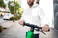 Png menswear hoodie mockup on man with scooter