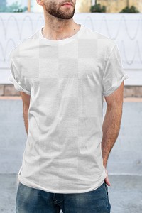 Png men’s tee apparel mockup on a man in the city street style fashion