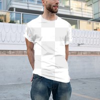 Png men’s tee apparel mockup on a man in the city street style fashion