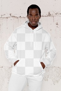 Png men&rsquo;s fashion hoodie mockup apparel on man with concrete wall