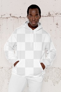 Png men’s fashion hoodie mockup apparel on man with concrete wall