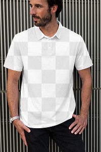 Menswear png polo shirt mockup casual apparel outdoor shoot