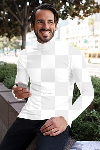 Png turtleneck shirt mockup on man using the phone in the city men&rsquo;s apparel fashion