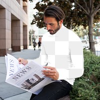 Png turtleneck shirt mockup on man reading newspaper in the city men’s apparel fashion