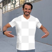 Png men&rsquo;s tee apparel mockup on a man in the city street style fashion