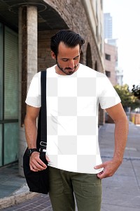 Png men’s tee apparel mockup on a man with laptop bag street style fashion