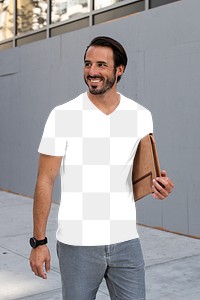 Png men&rsquo;s tee apparel mockup on a man walking in the city street style fashion