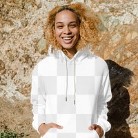 Png blonde woman mockup wearing white simple hoodie close up