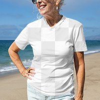 Png t-shirt mockup senior woman beach apparel outdoor photoshoot