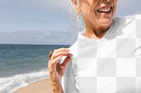 Png t-shirt mockup senior woman beach apparel outdoor photoshoot