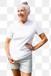 Png senior woman mockup white tee with transparent background