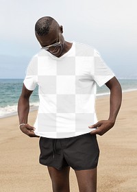 Png men’s apparel t-shirt mockup summer fashion shoot at the beach