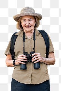 Png senior woman mockup ready for an adventure