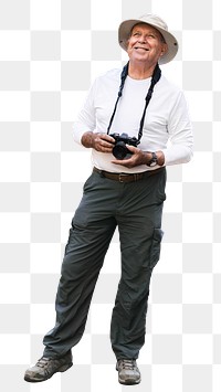 Png senior man mockup with camera hanging