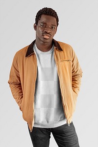 Men's beige jacket png with sweater mockup on gray