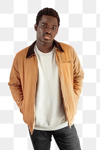 Men's beige jacket png with sweater mockup on gray