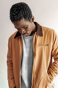 Men's beige jacket png with sweater mockup on gray