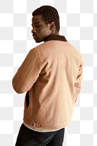 Men&#39;s short jacket png mockup on anfrican american male model