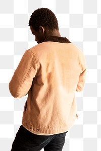 Men&#39;s short jacket png mockup on anfrican american male model