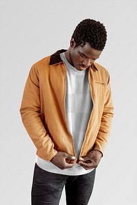 Men's beige jacket png with sweater mockup on gray