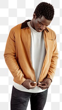 Men's beige jacket png with sweater mockup on gray