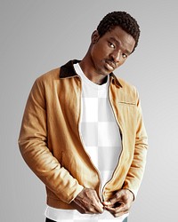 Men&#39;s beige jacket png with sweater mockup on gray