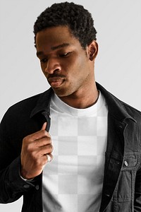 Men's black jeans jacket mockup png white tee on black model