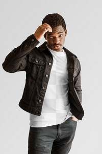 Men&#39;s black jeans jacket mockup png white tee on black model