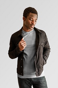 Men's black jeans jacket mockup png white tee on black model