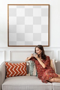 Picture frame mockup png with holding a coffee cup