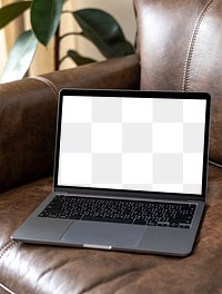 Laptop screen mockup transparent png screen on a leather couch