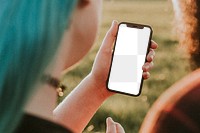 Phone screen png mockup in a woman&#39;s hand
