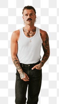 Tank top png with black jeans on tattooed male model