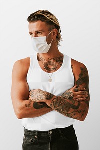 Png tank top mockup man with a face mask in the new normal