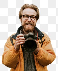 Photographer png mockup smiling and holding his camera