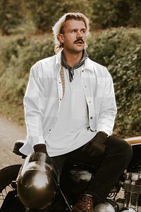 Jacket png mockup on urban biker man model on a bike