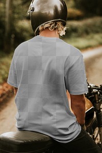 T-shirt png mockup on alternative fashion male on vintage motorcycle back view