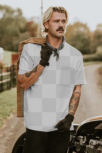 T-shirt png mockup on alternative fashion male with vintage motorcycle