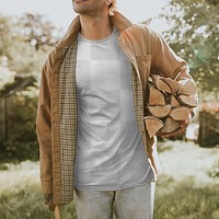 T-shirt png mockup with man holding lumber