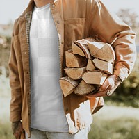 T-shirt png mockup with man holding lumber