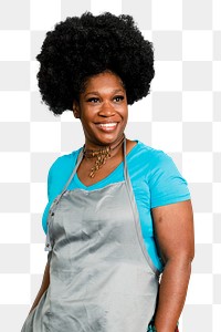 PNG smiling black woman mockup in gray apron